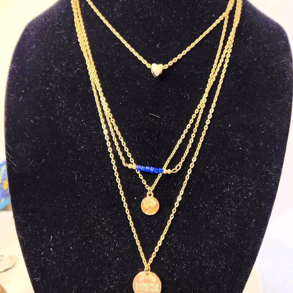 Layered Gold Plated Heart Long Necklace Medallion Pendant Blue stones Chain tree - Picture 11 of 15